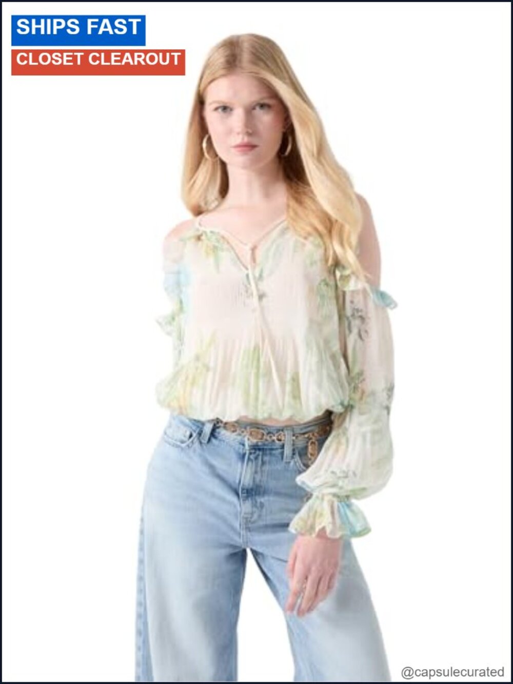 Long Sleeve Cold Shoulder Balloon Sleeve Chiffon Blouse